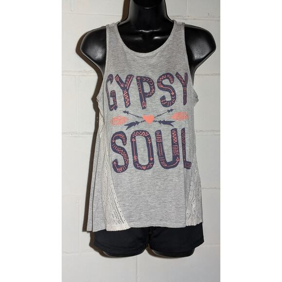 Threads Studio Gypsy Soul Tank Top Gray Sleeveless Lace Trim Inset Summer Medium - Picture 1 of 5